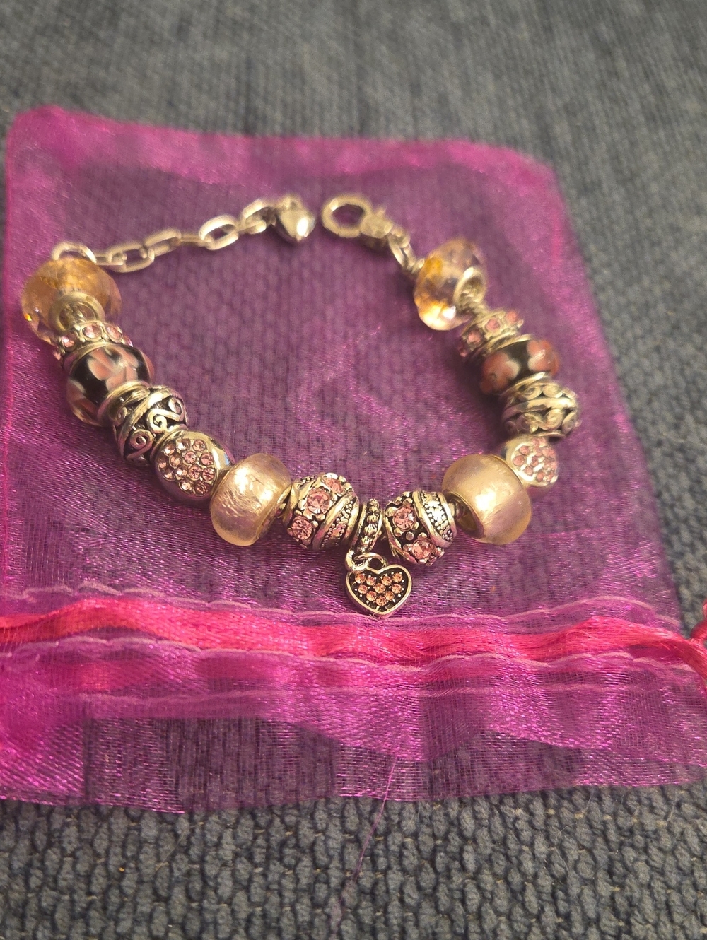 Pink Crystal Heart Charm Bracelet - Women's Jewelry